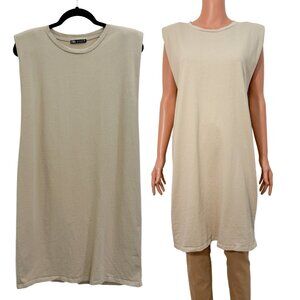 Zara Women’s Large Beige Shoulder Pads Short Sleeveless Tank Dress